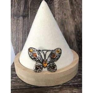 Vintage Sterling Silver Baltic Amber Butterfly Brooch